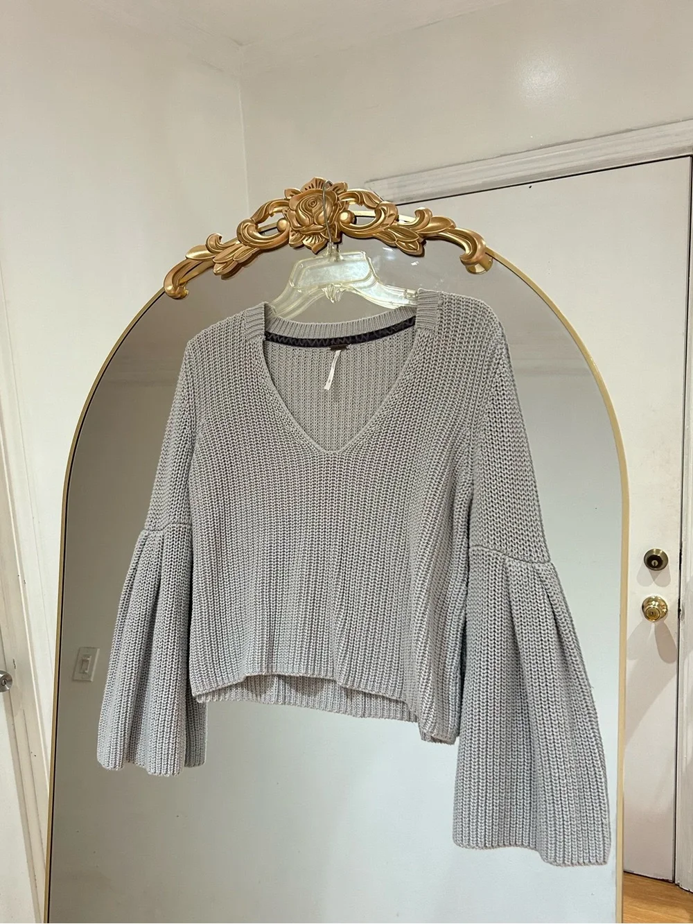 Free People Damsel Gray Pullover V Neck Knit Sweater with Bell Sleeves, Size S